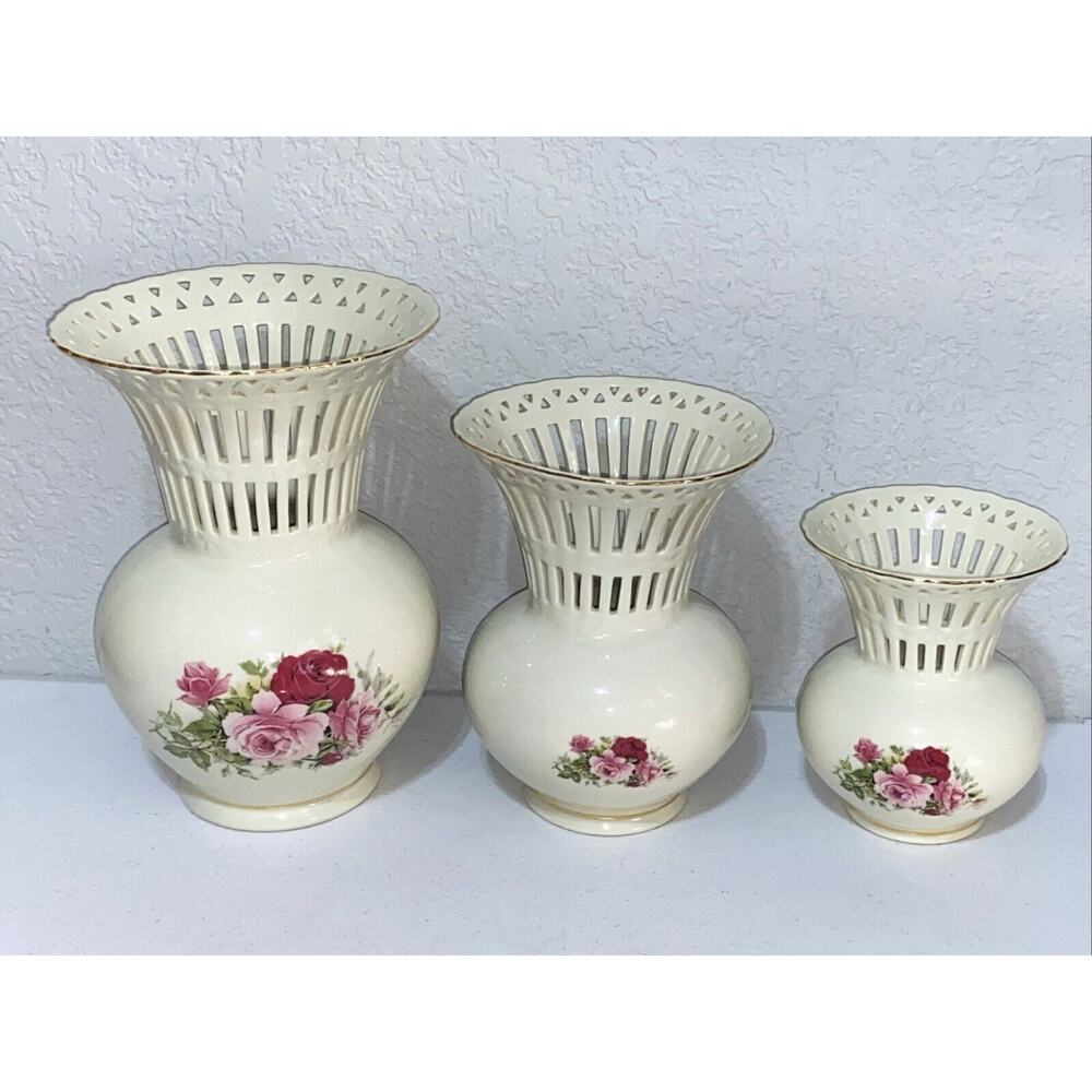 VTG Formalities By Baum Bros Porcelain Vented Vase Set Of 3 Roses With Gold Trim